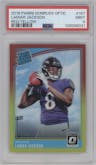 Lamar Jackson from the 2018 Panini Donruss Optic set featuring a Red/Yellow parallel graded by PSA and given an overall grade of 9.