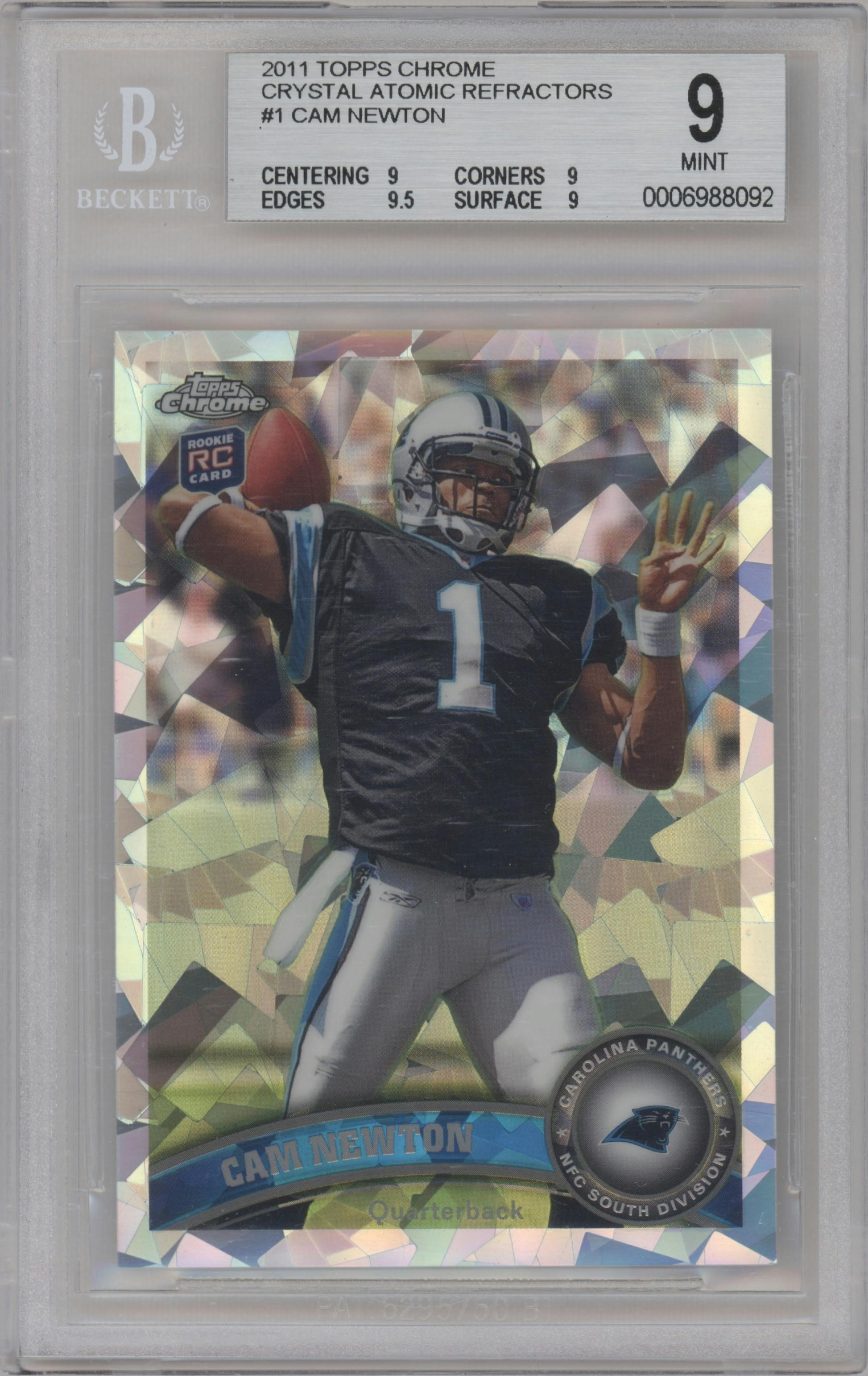 Cam Newton from the 2011 Topps Chrome set featuring a Crystal Atomic Refractors parallel graded by Beckett and given an overall grade of 9.
