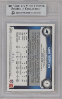 Cam Newton from the 2011 Topps Chrome set featuring a Crystal Atomic Refractors parallel graded by Beckett and given an overall grade of 9.