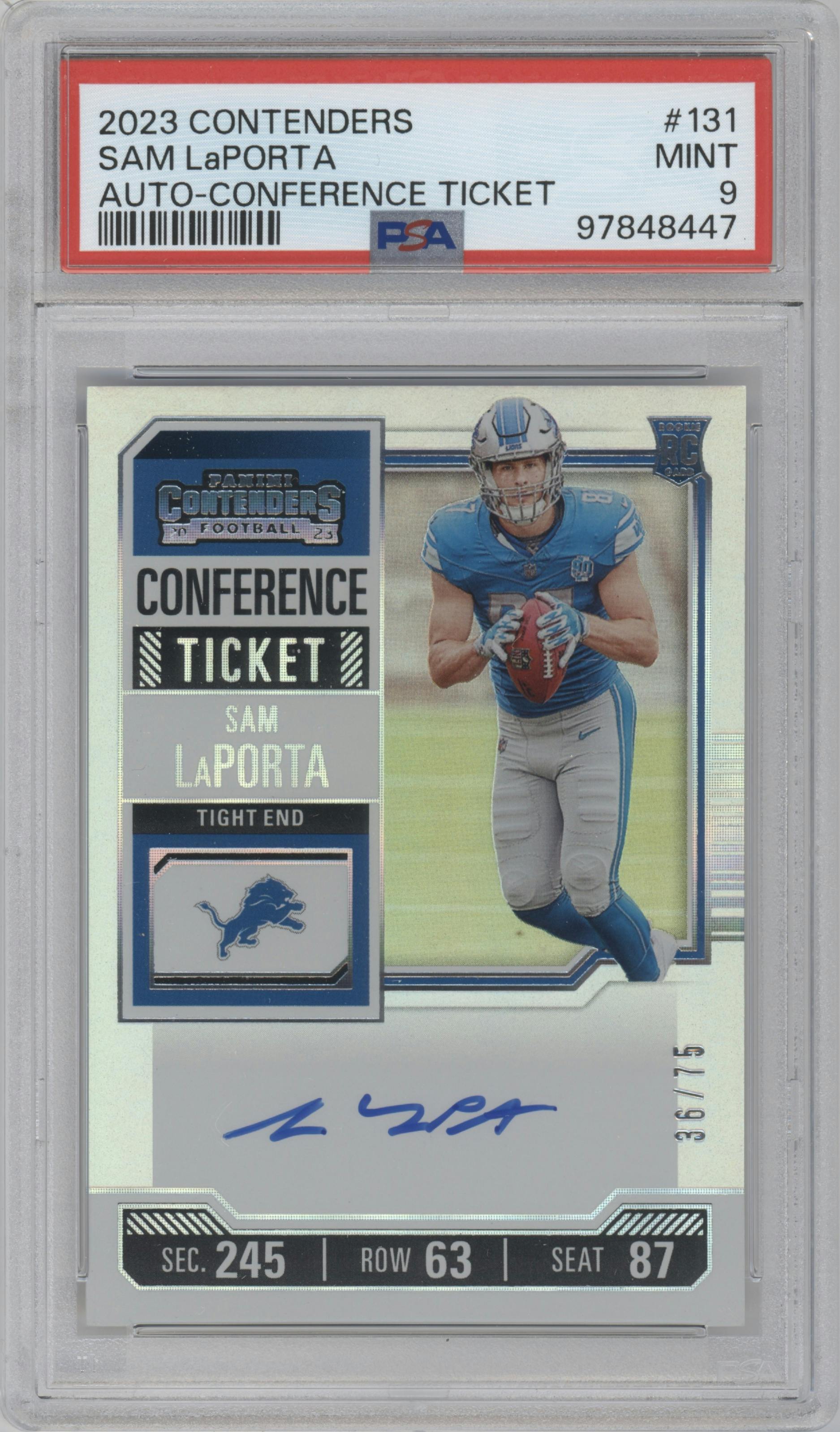 Sam LaPorta from the 2023 Panini Contenders set featuring a Conference Ticket parallel graded by PSA and given an overall grade of 9.
