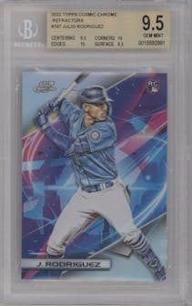 Julio Rodriguez from the 2022 Topps Cosmic Chrome set featuring a Refractor parallel graded by Beckett and given an overall grade of 9.5.