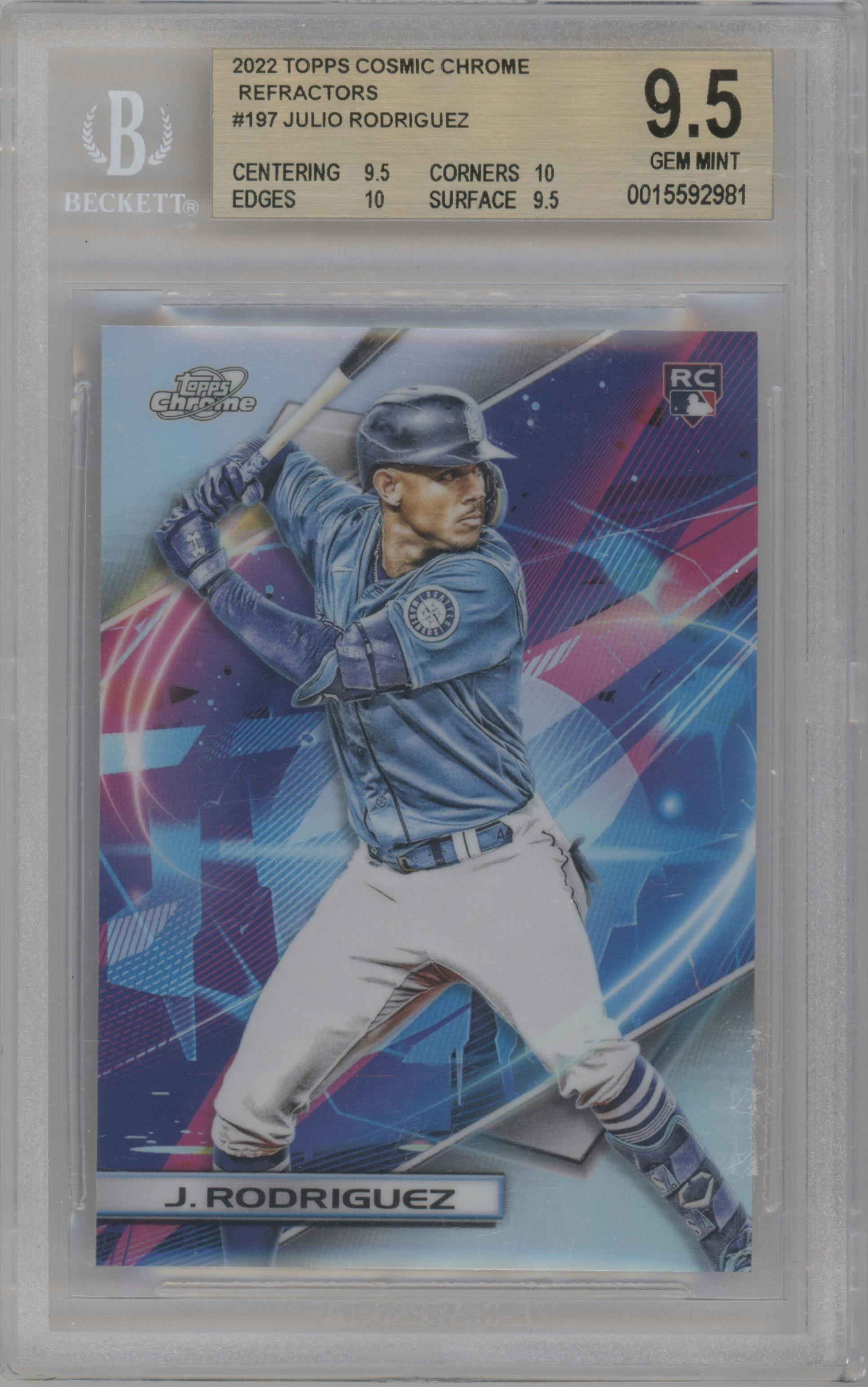 Julio Rodriguez from the 2022 Topps Cosmic Chrome set featuring a Refractor parallel graded by Beckett and given an overall grade of 9.5.
