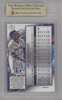 Julio Rodriguez from the 2022 Topps Cosmic Chrome set featuring a Refractor parallel graded by Beckett and given an overall grade of 9.5.