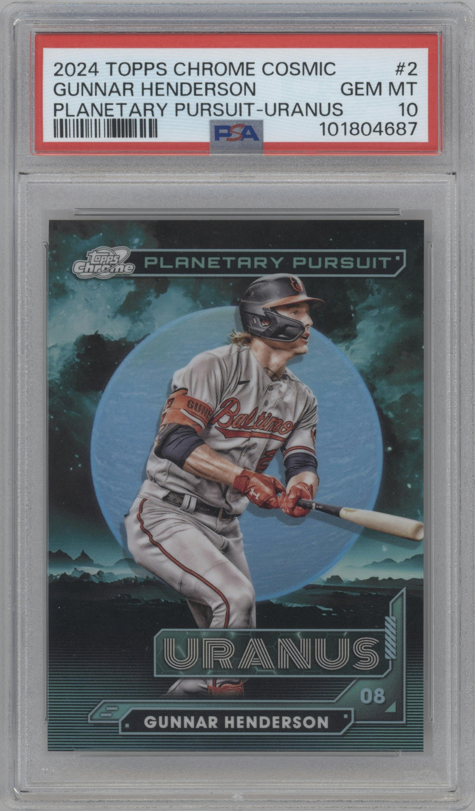 Gunnar Henderson from the 2024 Topps Cosmic Chrome set graded by PSA and given an overall grade of 10.