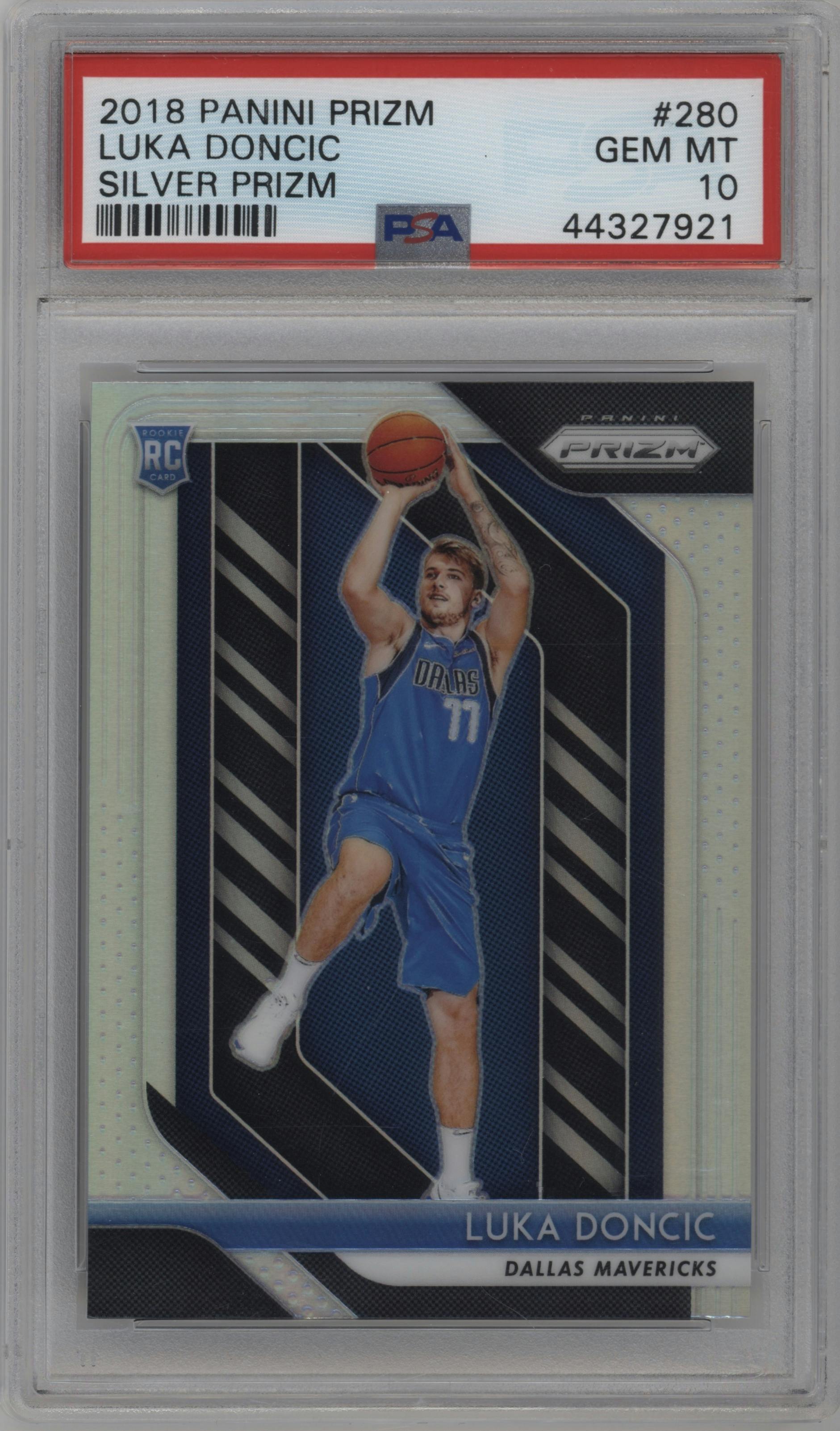 Luka Doncic from the 2018-19 Panini Prizm set featuring a Silver Prizm parallel graded by PSA and given an overall grade of 10.