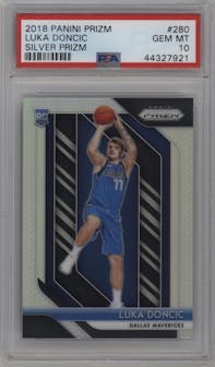 Luka Doncic from the 2018-19 Panini Prizm set featuring a Silver Prizm parallel graded by PSA and given an overall grade of 10.