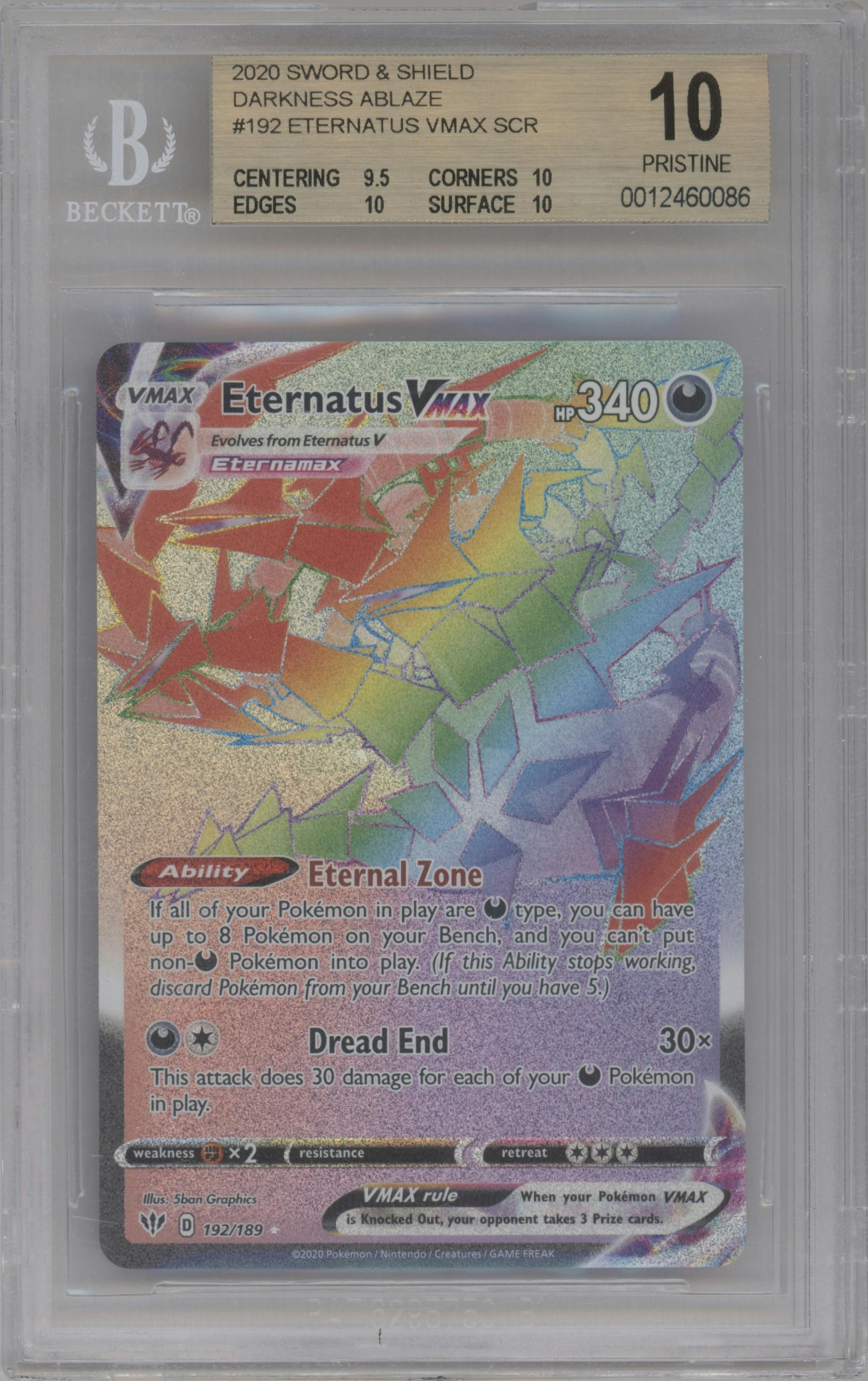 Eternatus VMAX from the 2020 Pokemon SWSH set graded by Beckett and given an overall grade of 10.