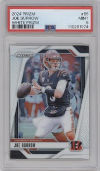 Joe Burrow from the 2024 Panini Prizm set featuring a White Prizm parallel graded by PSA and given an overall grade of 9.