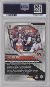 Joe Burrow from the 2024 Panini Prizm set featuring a White Prizm parallel graded by PSA and given an overall grade of 9.