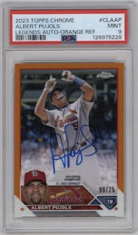 Albert Pujols from the 2023 Topps Chrome set featuring a Orange Refractor parallel graded by PSA and given an overall grade of 9.