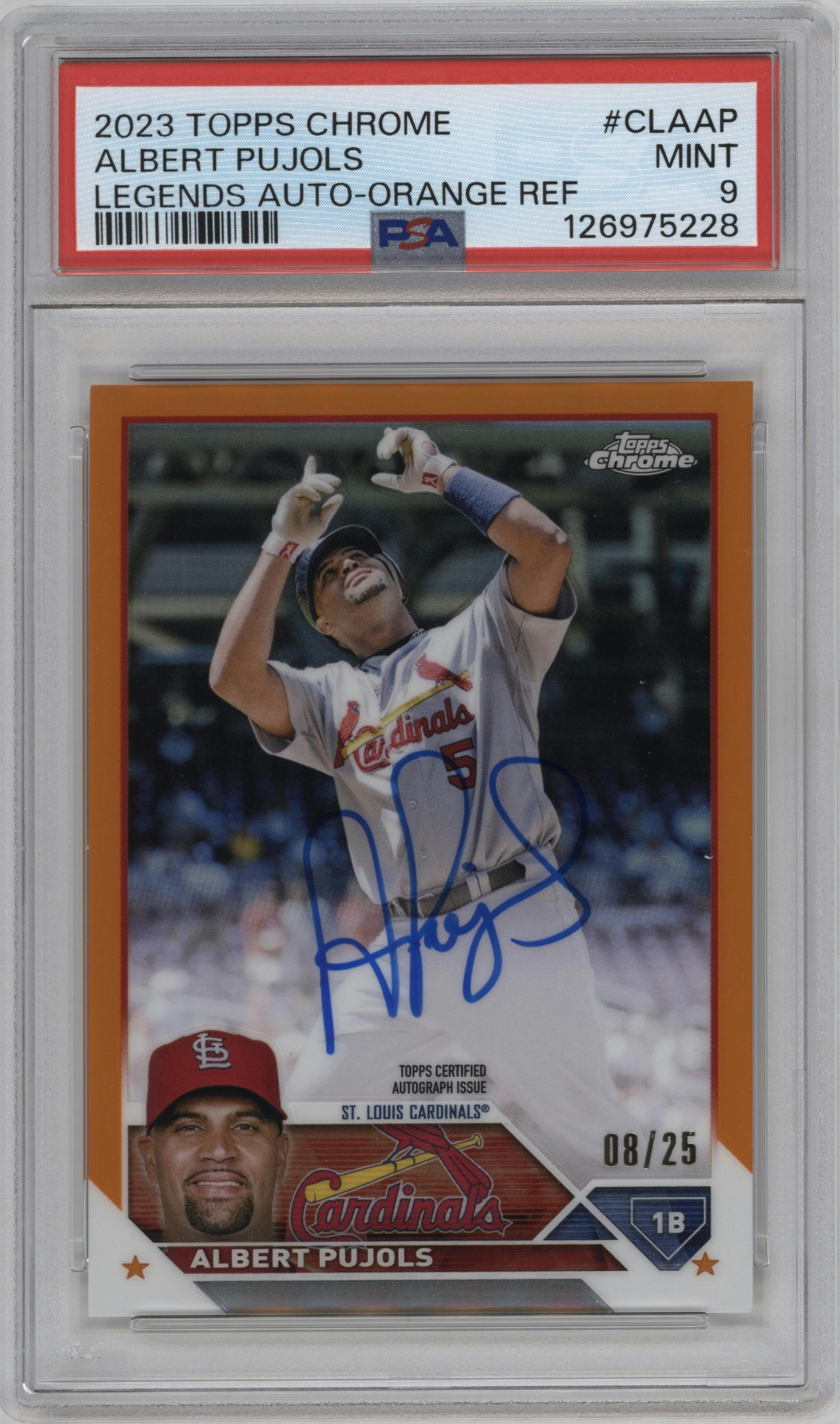 Albert Pujols from the 2023 Topps Chrome set featuring a Orange Refractor parallel graded by PSA and given an overall grade of 9.