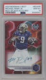Michael Penix Jr. from the 2023 Bowman University's Best  set featuring a Red Refractor parallel graded by PSA and given an overall grade of 10.