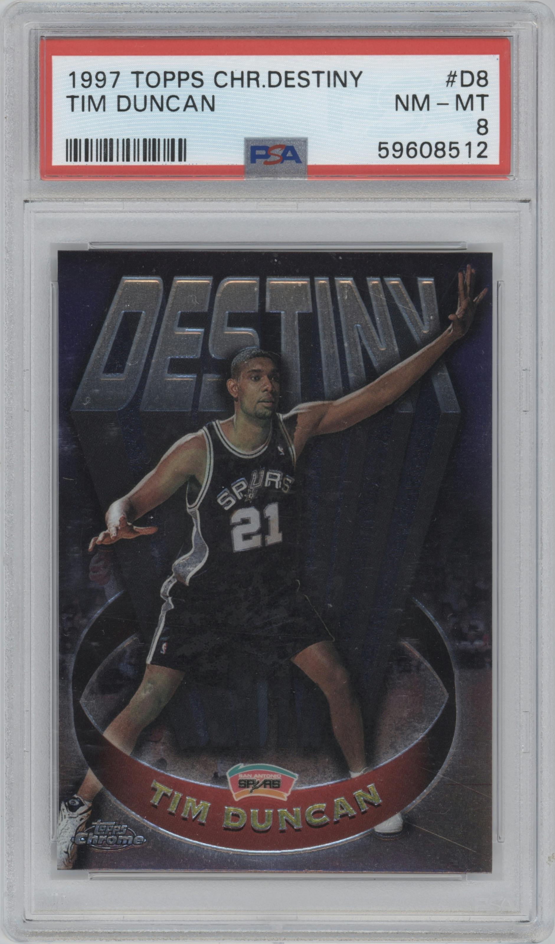 Tim Duncan from the 1997-98 Topps Chrome set graded by PSA and given an overall grade of 8.