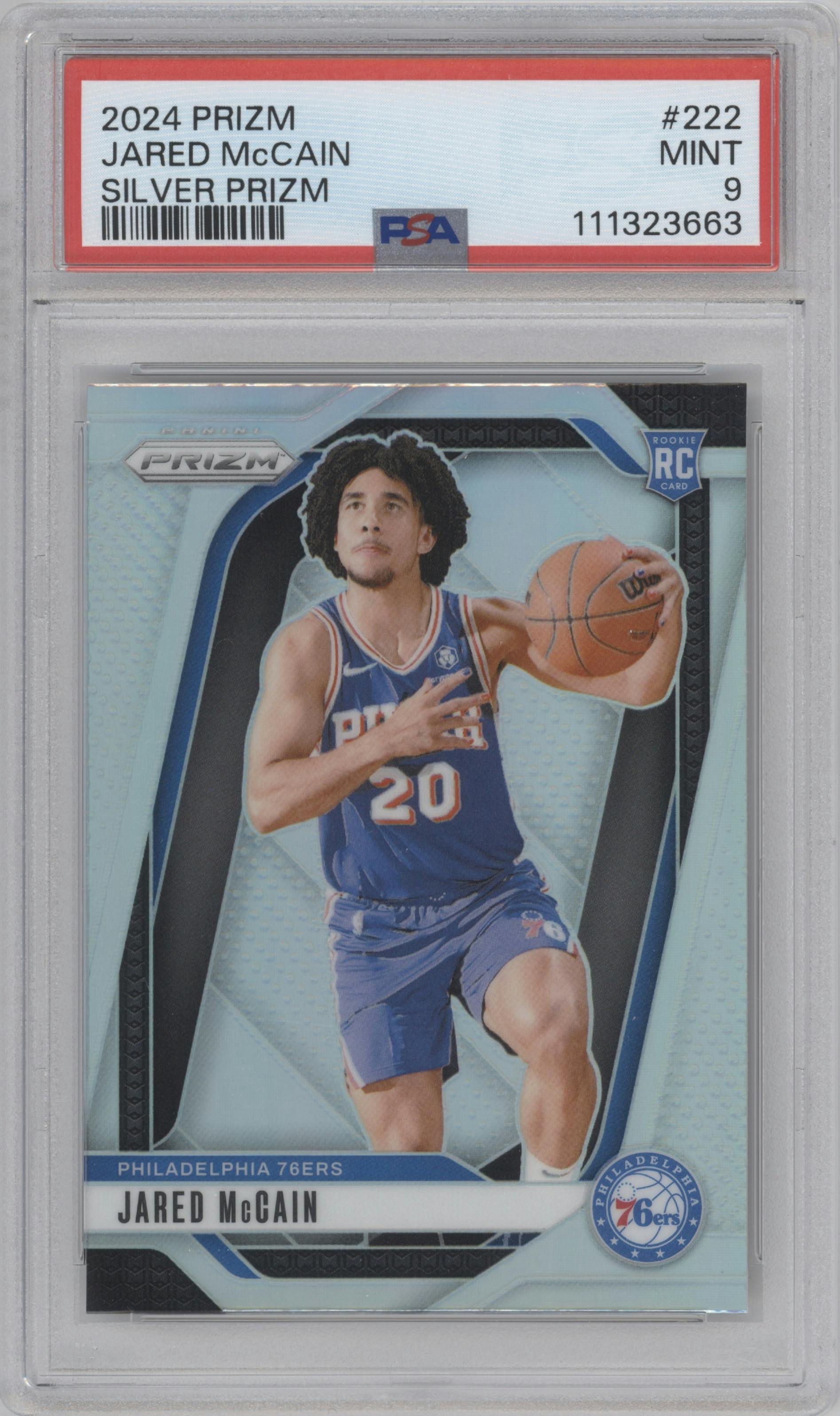 Jared McCain from the 2024-25 Panini Prizm set featuring a Silver Prizm parallel graded by PSA and given an overall grade of 9.