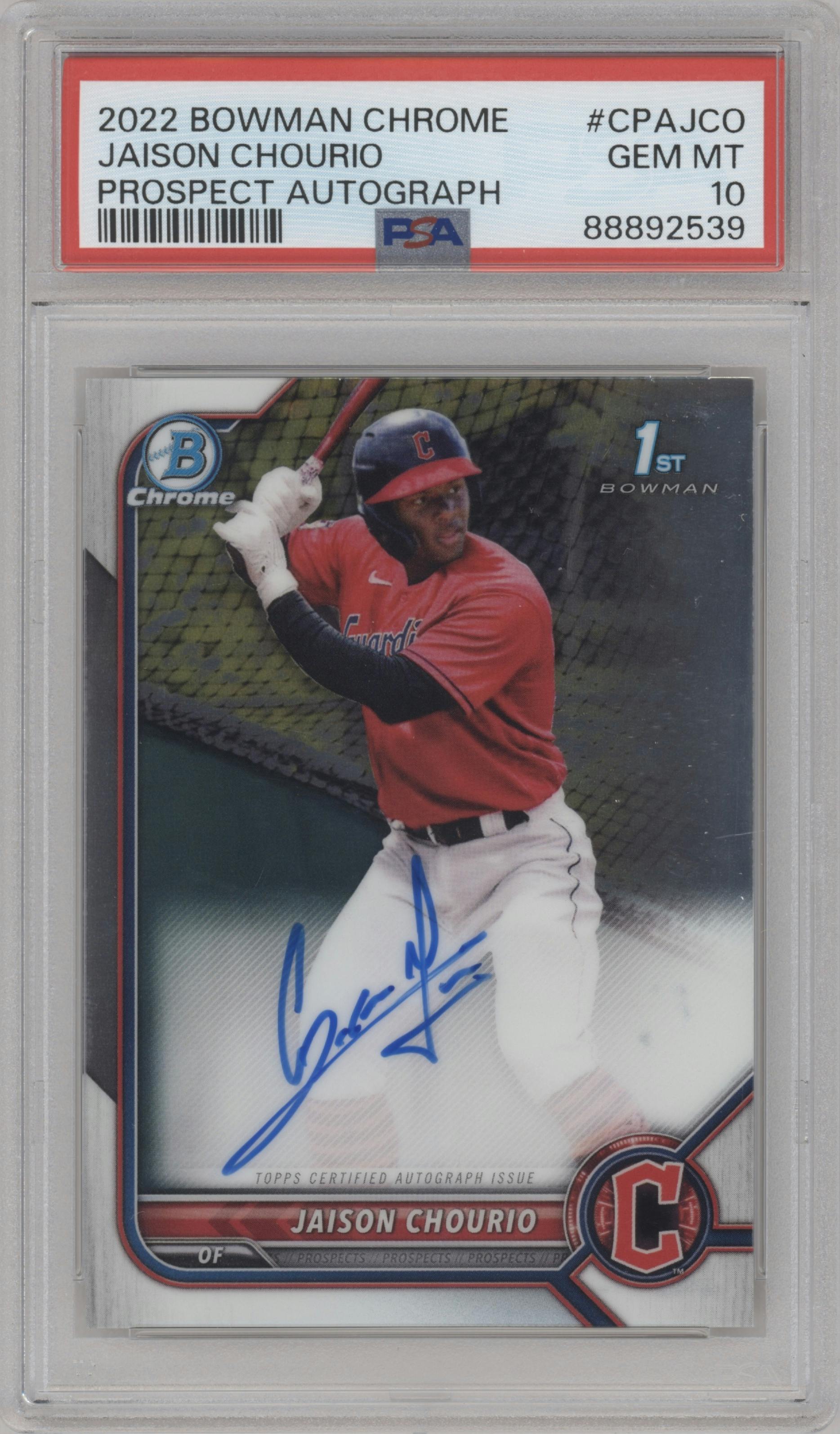 Jaison Chourio from the 2022 Bowman Chrome set graded by PSA and given an overall grade of 10.