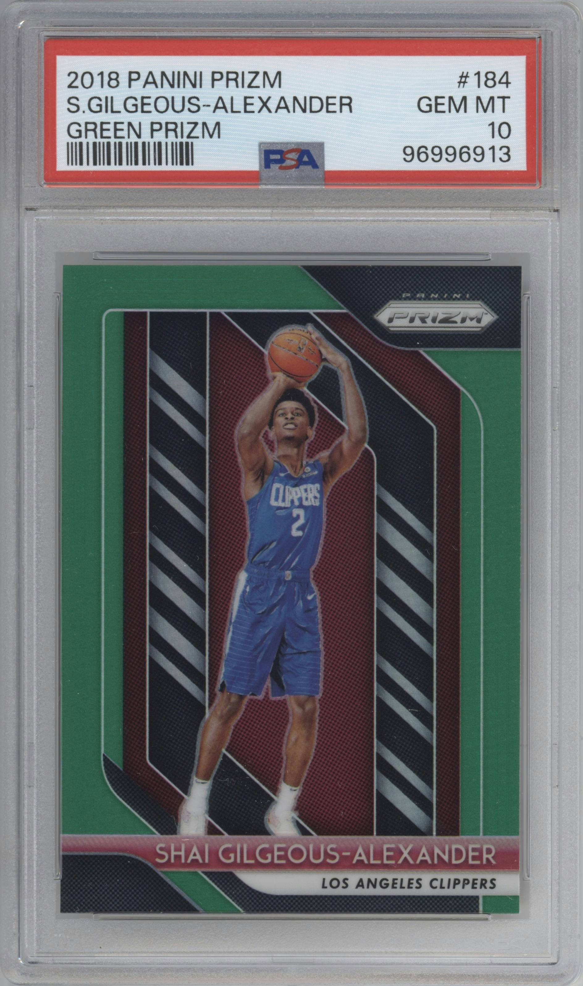 Shai Gilgeous-Alexander from the 2018-19 Panini Prizm set featuring a Green Prizm parallel graded by PSA and given an overall grade of 10.
