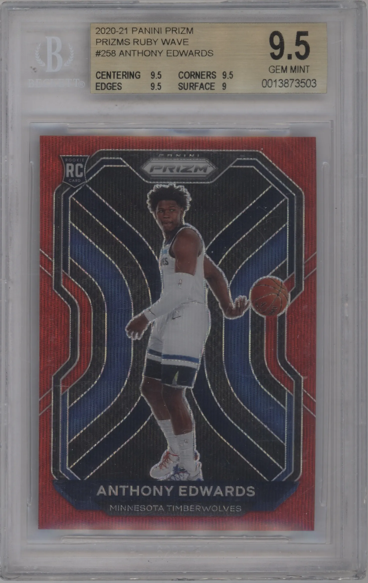 2020 Panini Prizm Anthony Edwards Ruby Wave #258 BGS 9.5