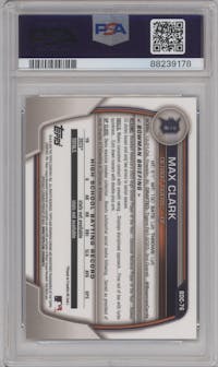 Max Clark from the 2023 Bowman Draft set graded by PSA and given an overall grade of 9.