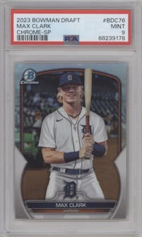 Max Clark from the 2023 Bowman Draft set graded by PSA and given an overall grade of 9.