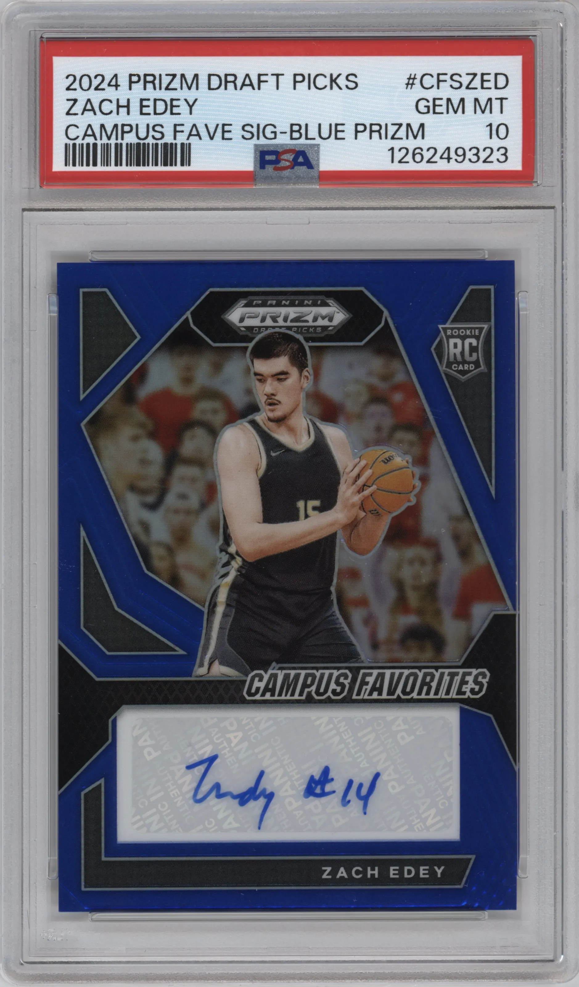 2024 Panini Prizm Draft Picks Campus Fav.Sig. Zach Edey Blue Prizm PSA 10