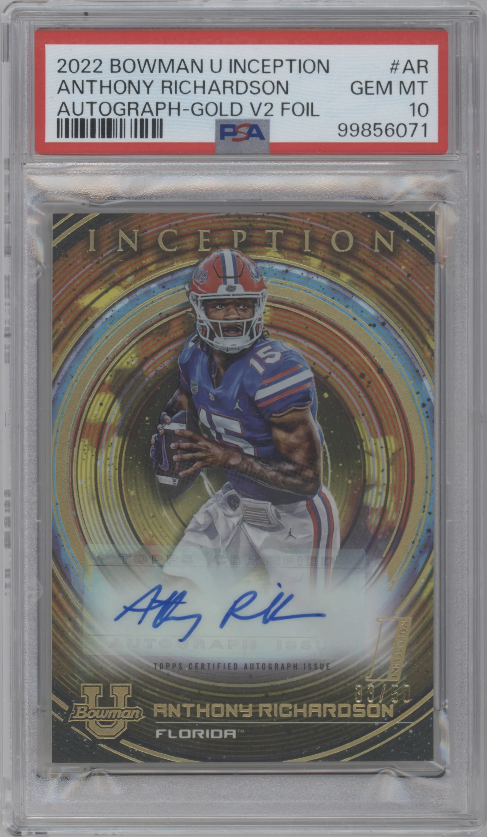 2022 Bowman University Inception Auto Anthony Richardson Gold Foil V2 #BIA-AR PSA 10