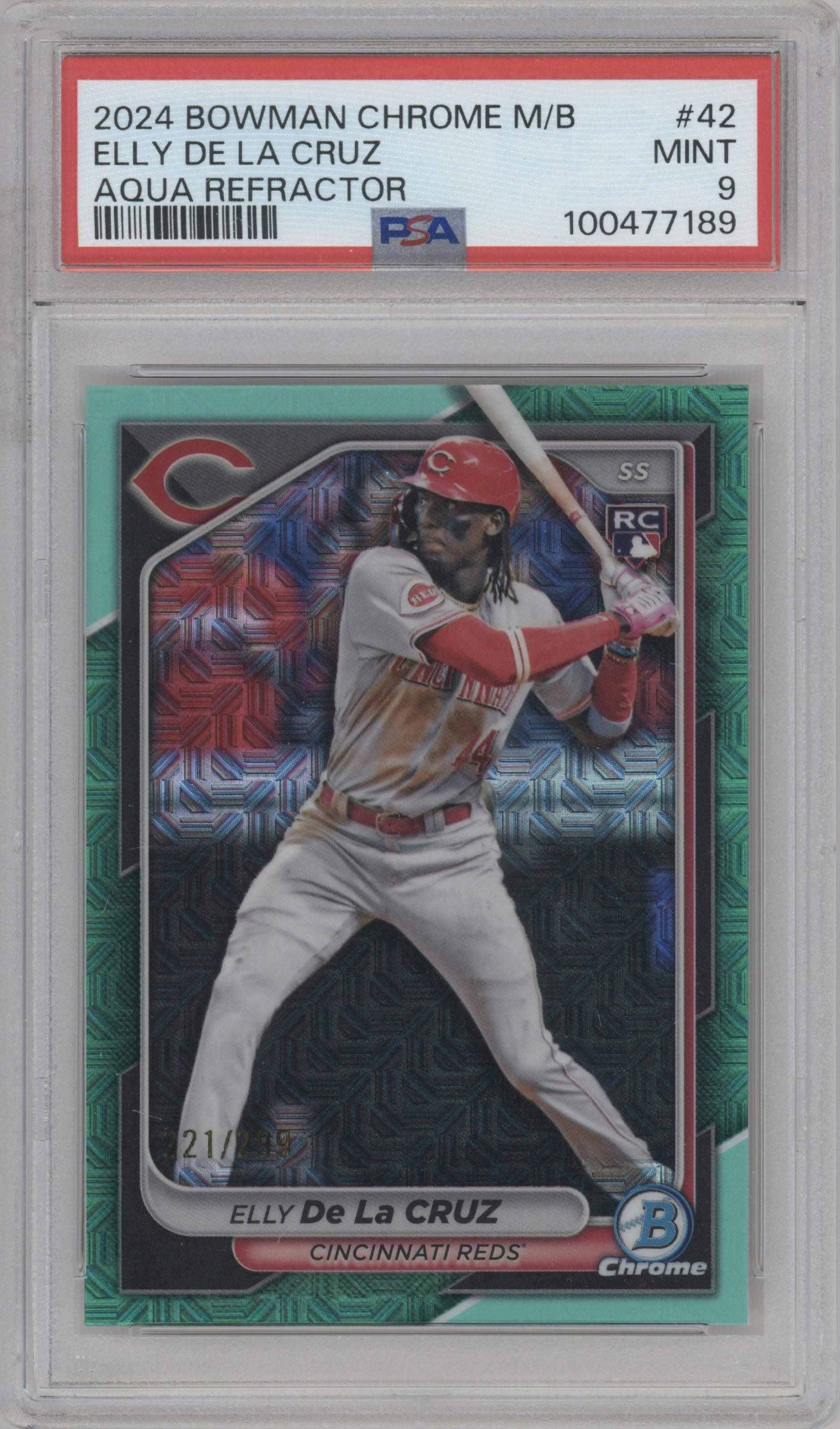 Elly De La Cruz from the 2024 Bowman Chrome Mega Box set featuring a Aqua Refractor parallel graded by PSA and given an overall grade of 9.