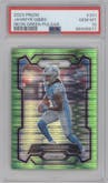 Jahmyr Gibbs from the 2023 Panini Prizm set featuring a Neon Green Pulsar parallel graded by PSA and given an overall grade of 10.
