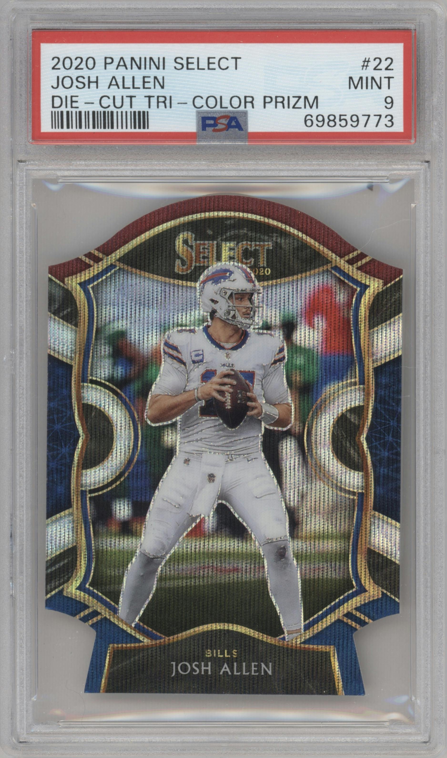 Josh Allen from the 2020 Panini Select set featuring a Die-Cut Tri-Color parallel graded by PSA and given an overall grade of 9.
