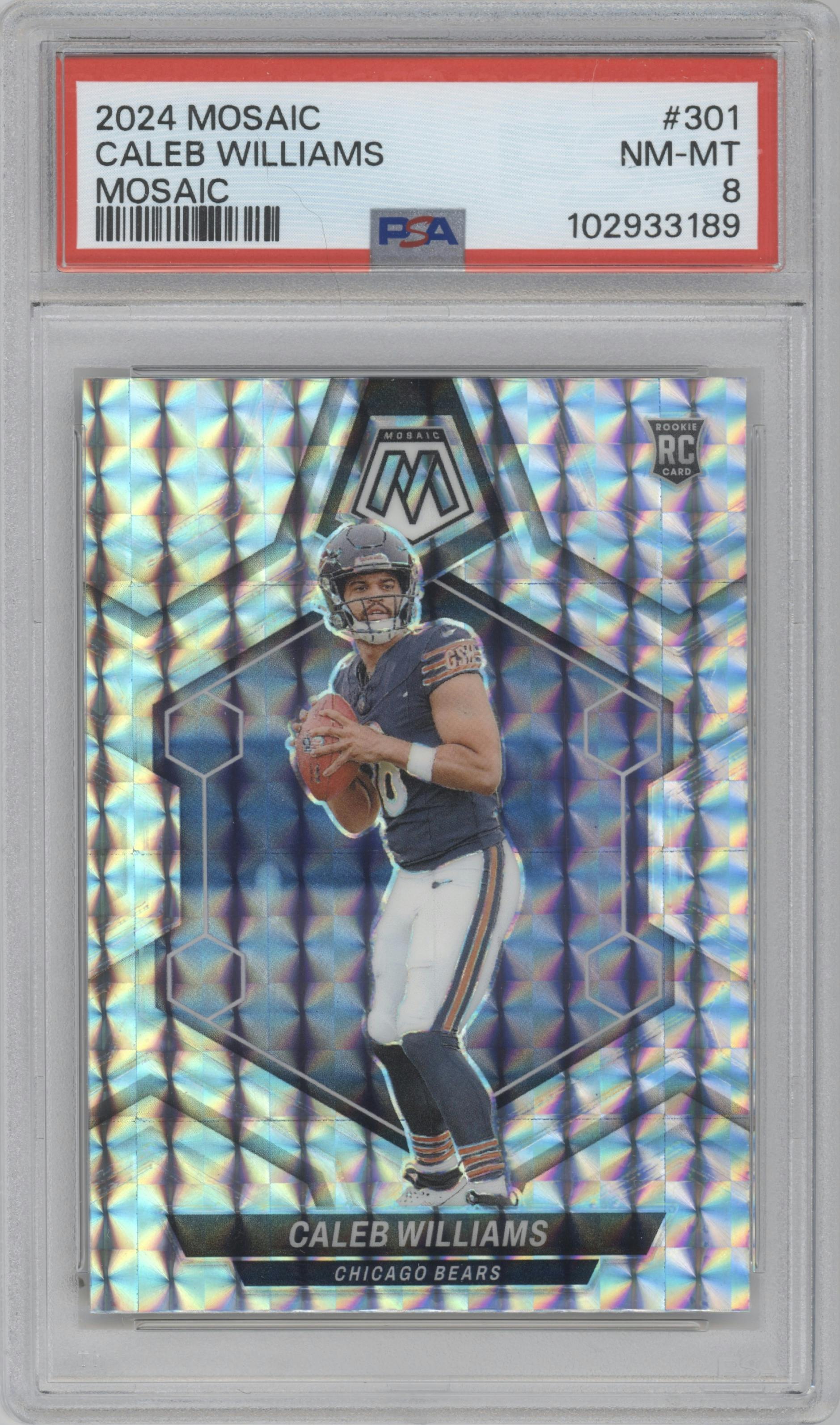 Caleb Williams from the 2024 Panini Mosaic set featuring a Mosaic parallel graded by PSA and given an overall grade of 8.