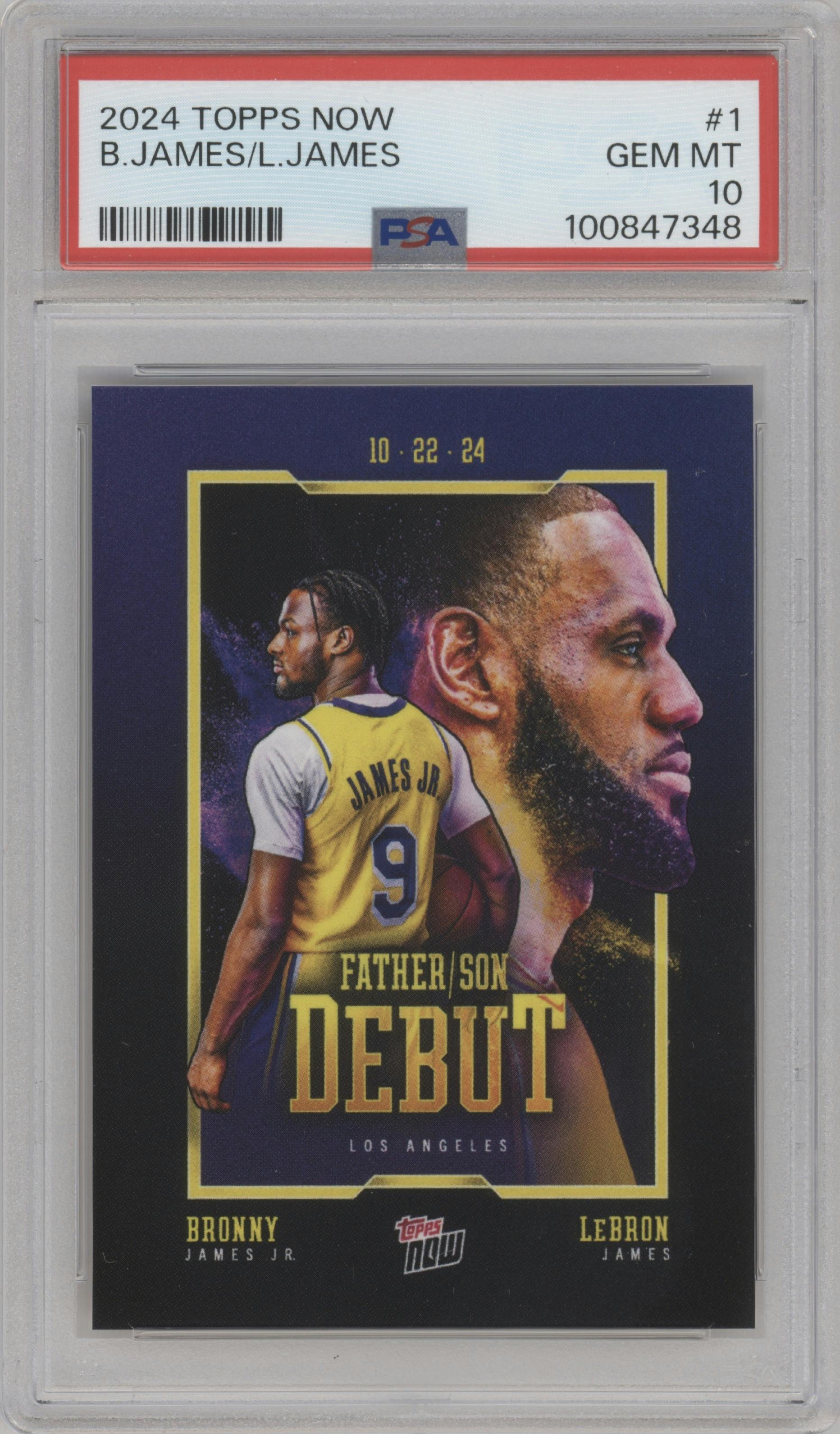Bronny James Jr./LeBron James from the 2024-25 Topps Now set graded by PSA and given an overall grade of 10.