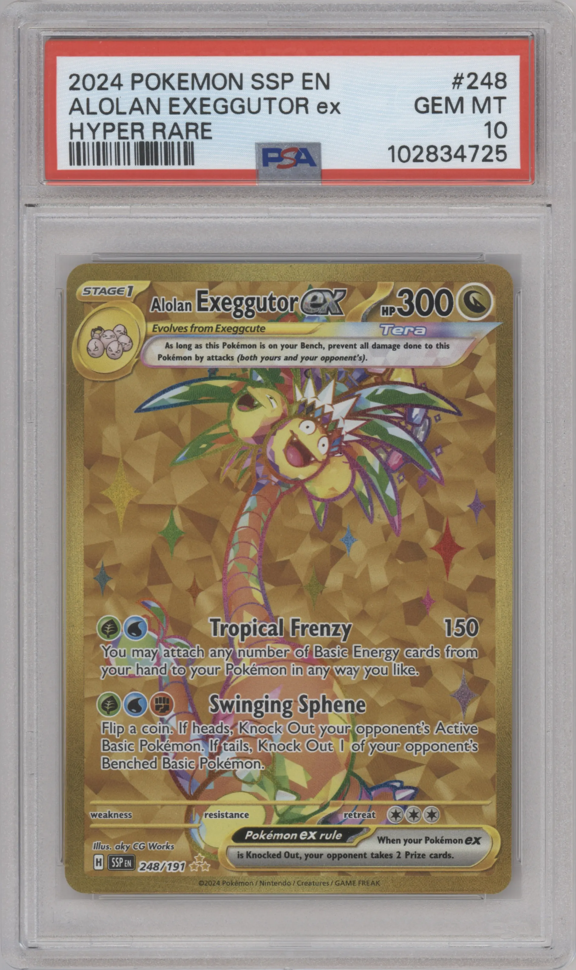 Alolan Exeggutor ex from the 2024 Pokemon SV set graded by PSA and given an overall grade of 10.