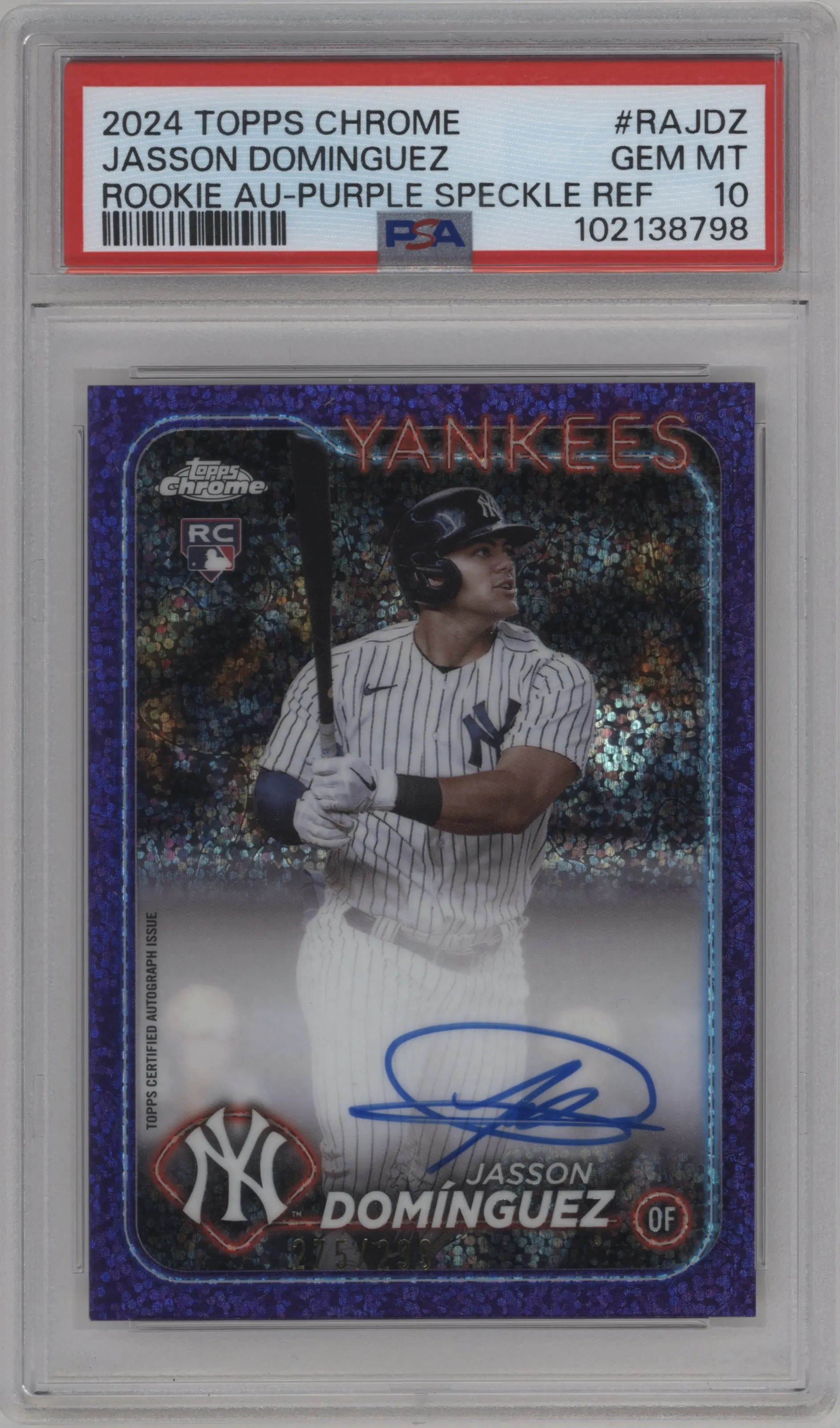 2024 Topps Chrome Rke.Auto Jasson Dominguez Purple Speckle Refractor #RA-JDZ PSA 10