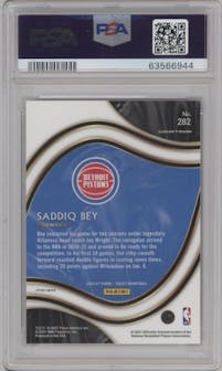 Saddiq Bey from the 2020-21 Panini Select  set featuring a Silver Prizm parallel graded by PSA and given an overall grade of 10.