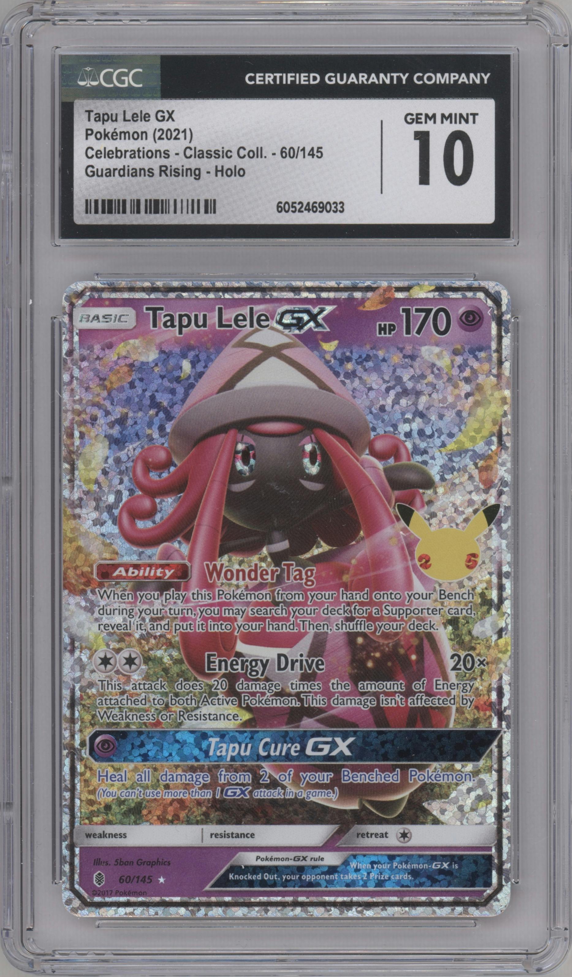 Tapu Lele GX from the 2021 Pokemon SWSH set featuring a Guardians Rising parallel graded by CSG and given an overall grade of 10.