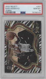 Bam Adebayo from the 2022-23 Panini Select set featuring a Zebra parallel graded by PSA and given an overall grade of 10.