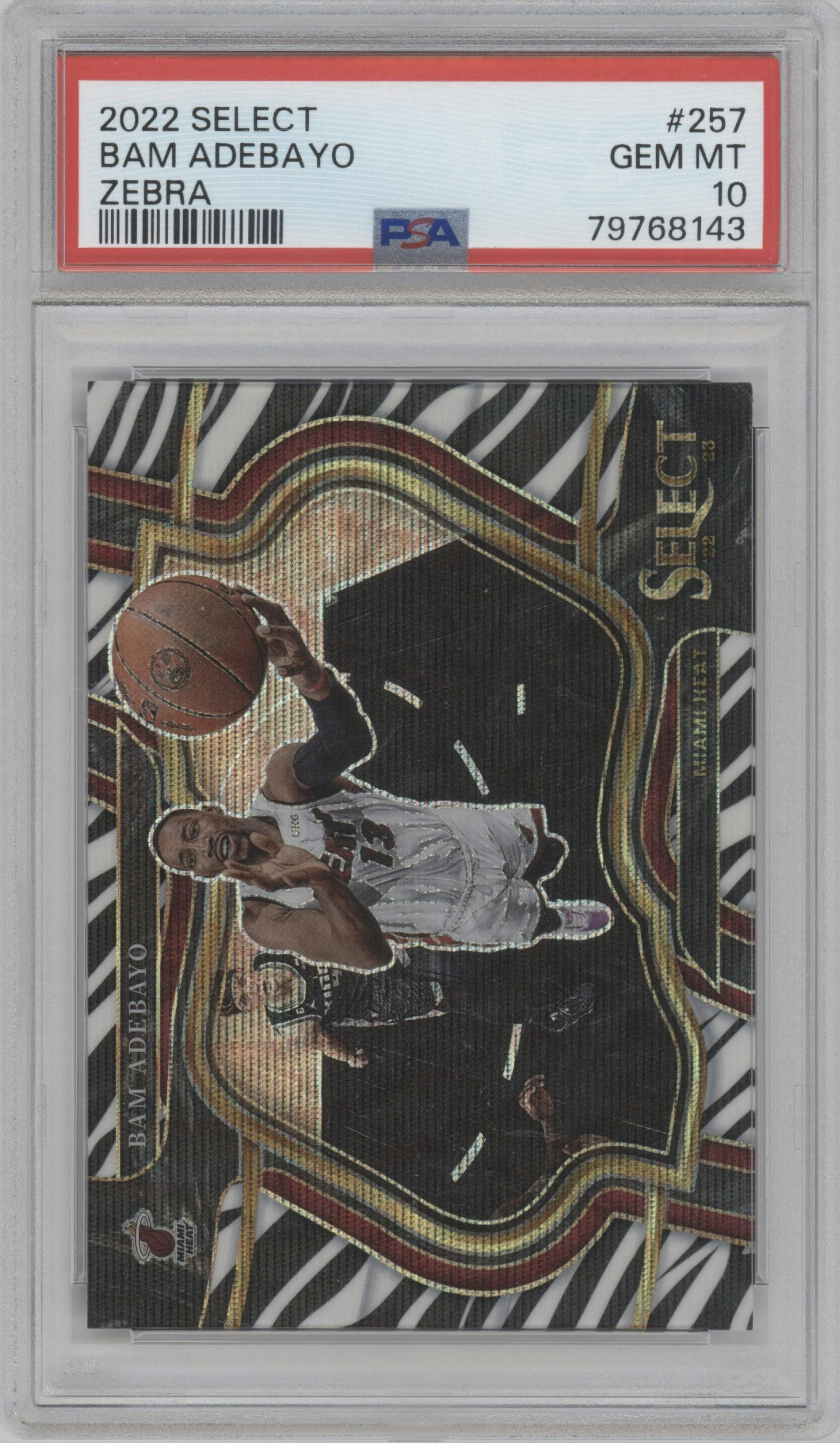 Bam Adebayo from the 2022-23 Panini Select set featuring a Zebra parallel graded by PSA and given an overall grade of 10.