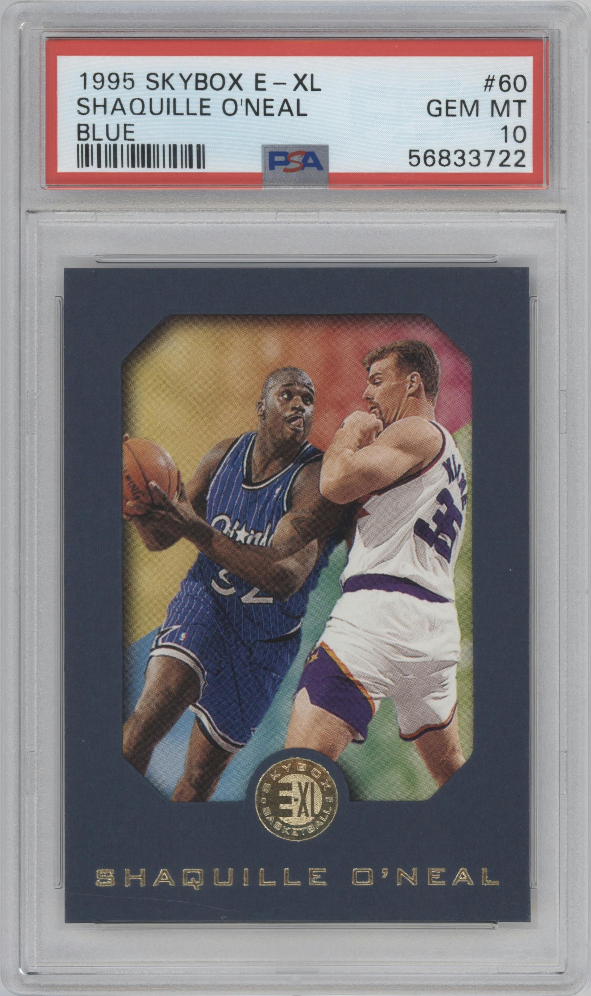 Shaquille O'neal from the 1995-96 Skybox E-XL set featuring a Blue parallel graded by PSA and given an overall grade of 10.