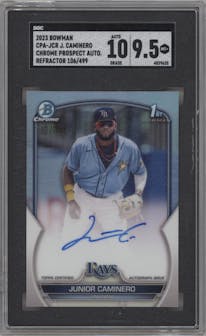 Junior Caminero from the 2023 Bowman  set featuring a Refractor parallel graded by SGC and given an overall grade of 9.5.