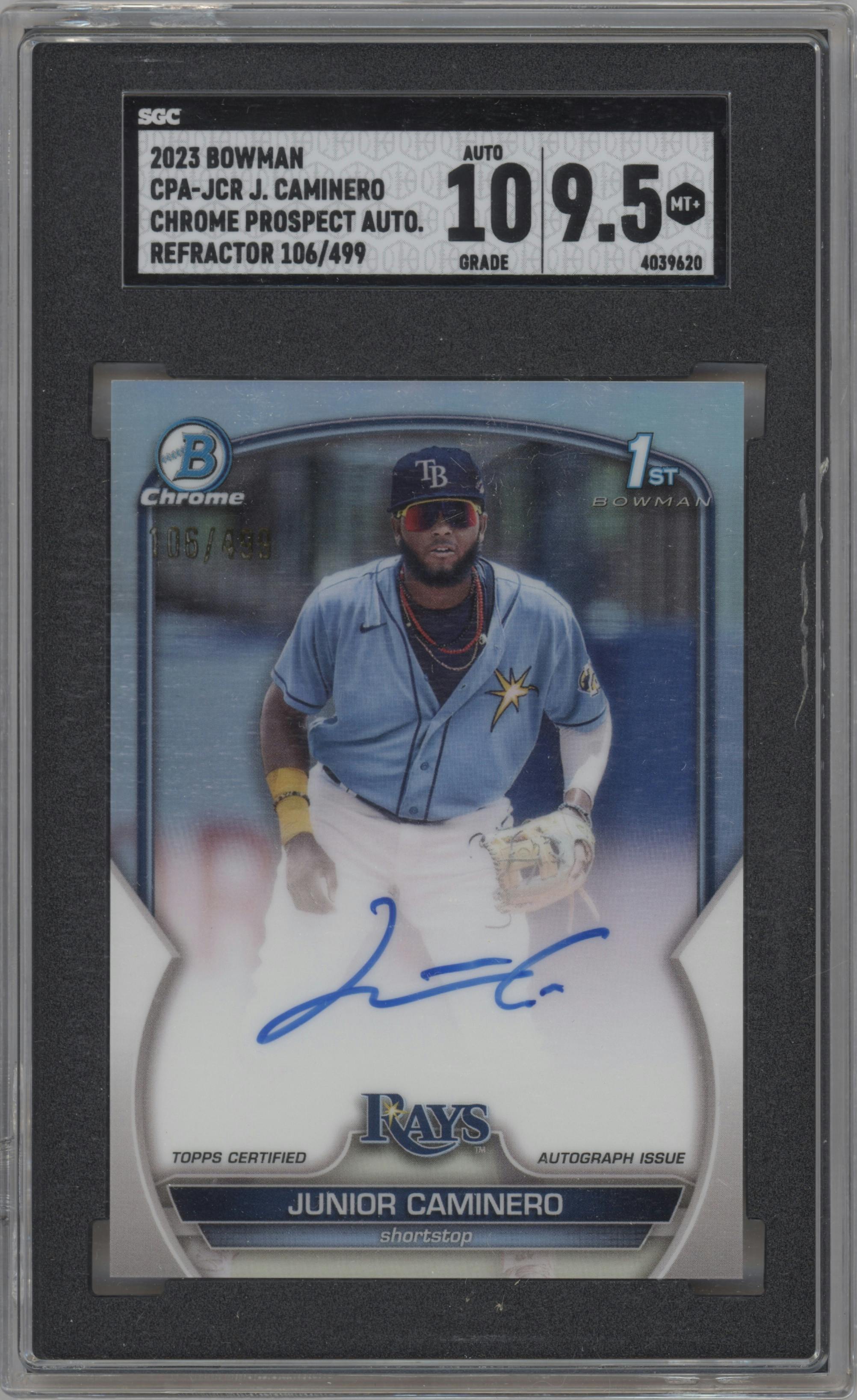 Junior Caminero from the 2023 Bowman  set featuring a Refractor parallel graded by SGC and given an overall grade of 9.5.