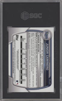 Junior Caminero from the 2023 Bowman  set featuring a Refractor parallel graded by SGC and given an overall grade of 9.5.