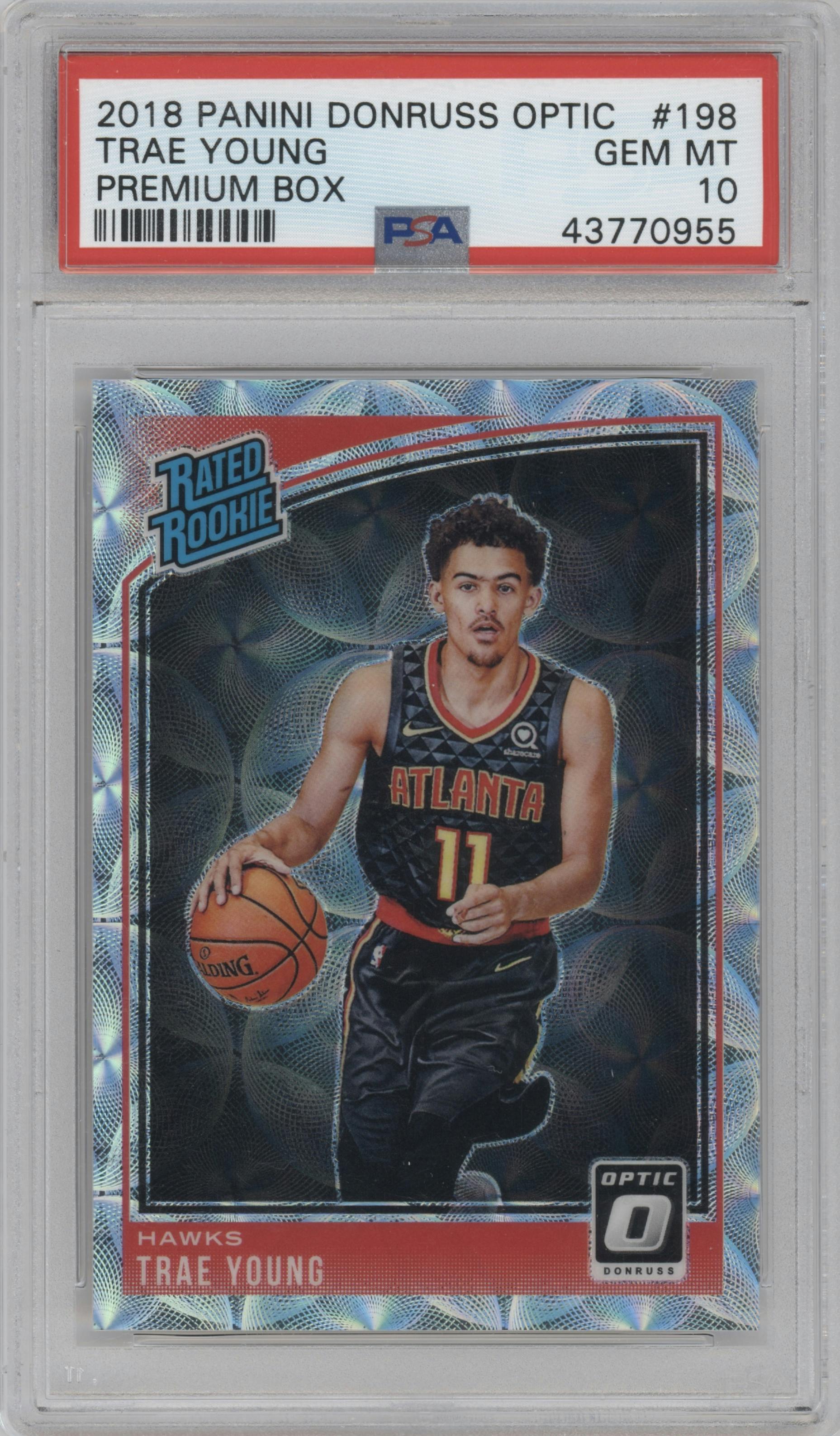 Trae Young from the 2018-19 Panini Donruss Optic set featuring a Premium Box Set parallel graded by PSA and given an overall grade of 10.