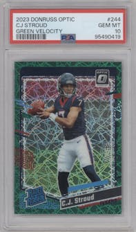 C.J. Stroud from the 2023 Donruss Optic set featuring a Green Velocity parallel graded by PSA and given an overall grade of 10.