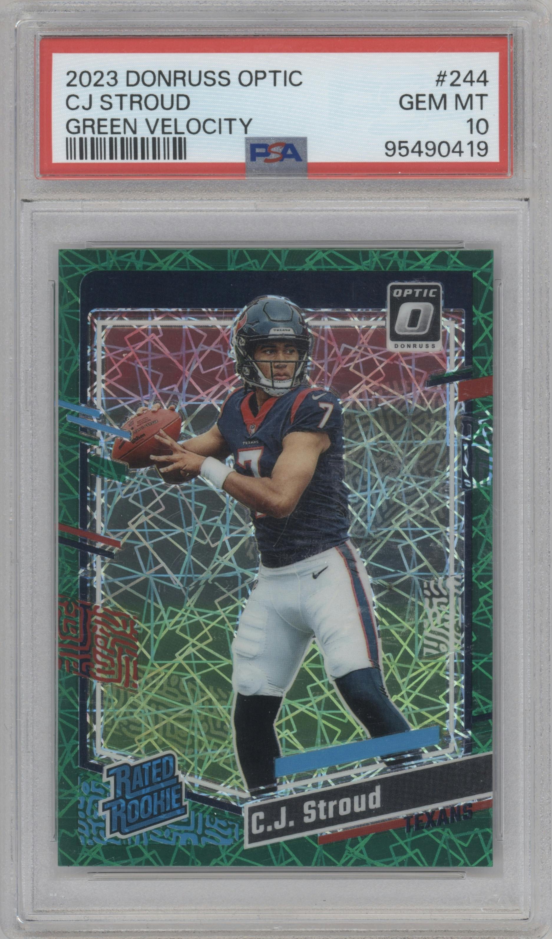 C.J. Stroud from the 2023 Donruss Optic set featuring a Green Velocity parallel graded by PSA and given an overall grade of 10.