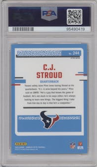 C.J. Stroud from the 2023 Donruss Optic set featuring a Green Velocity parallel graded by PSA and given an overall grade of 10.