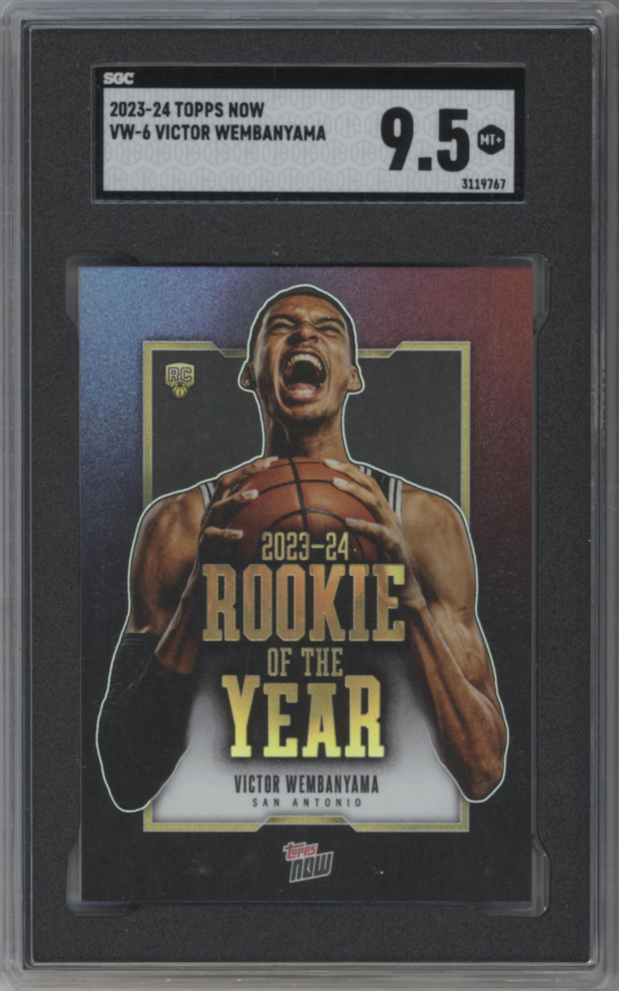 Victor Wembanyama from the 2023-24 Topps Now set graded by SGC and given an overall grade of 9.5.