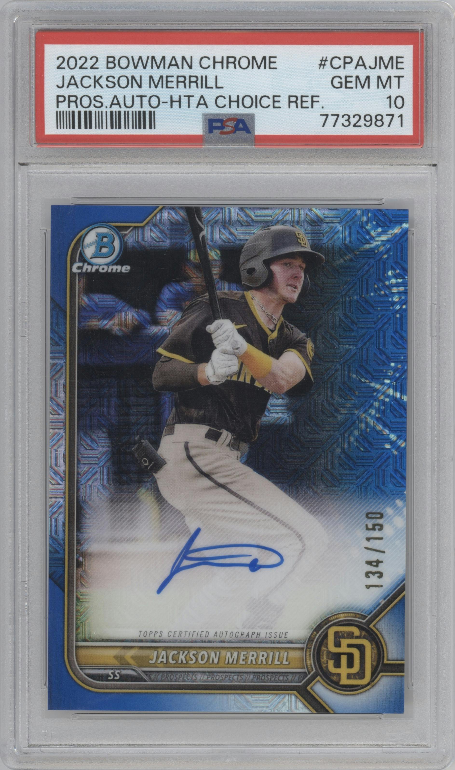 Jackson Merrill from the 2022 Bowman Chrome set featuring a HTA Choice parallel graded by PSA and given an overall grade of 10.