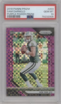 Sam Darnold from the 2018 Panini Prizm set featuring a Purple Power parallel graded by PSA and given an overall grade of 10.