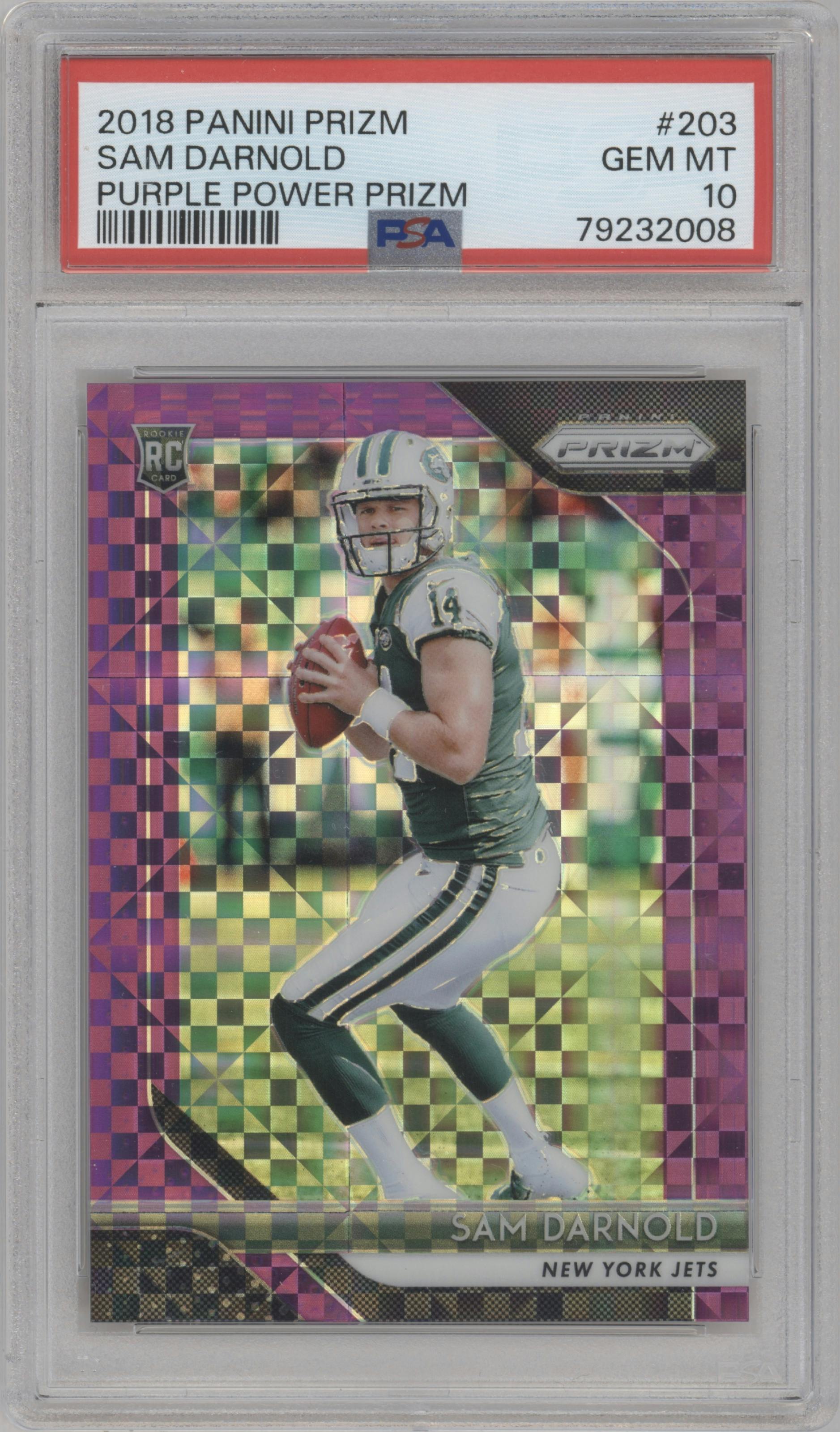 Sam Darnold from the 2018 Panini Prizm set featuring a Purple Power parallel graded by PSA and given an overall grade of 10.