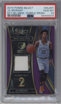 Ja Morant from the 2019-20 Panini Select set featuring a Purple parallel graded by PSA and given an overall grade of 10.