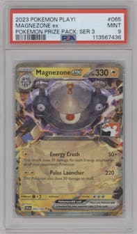 Magnezone ex from the 2023 Pokemon Play! set graded by PSA and given an overall grade of 9.